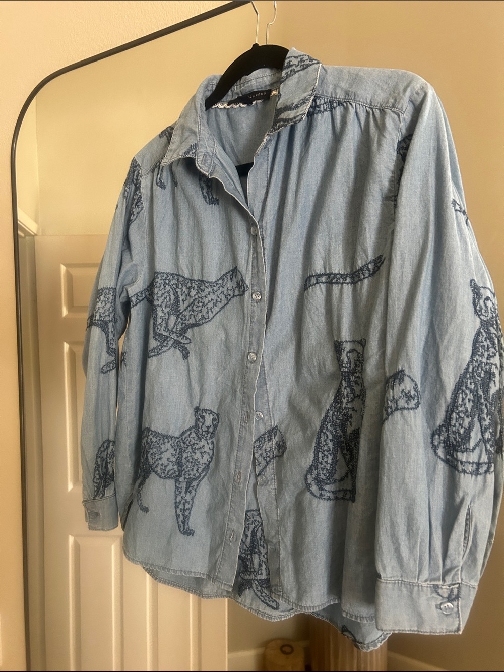 Jane and Delancey Light Blue Denim Button-Down with Dark Blue Leopard Print